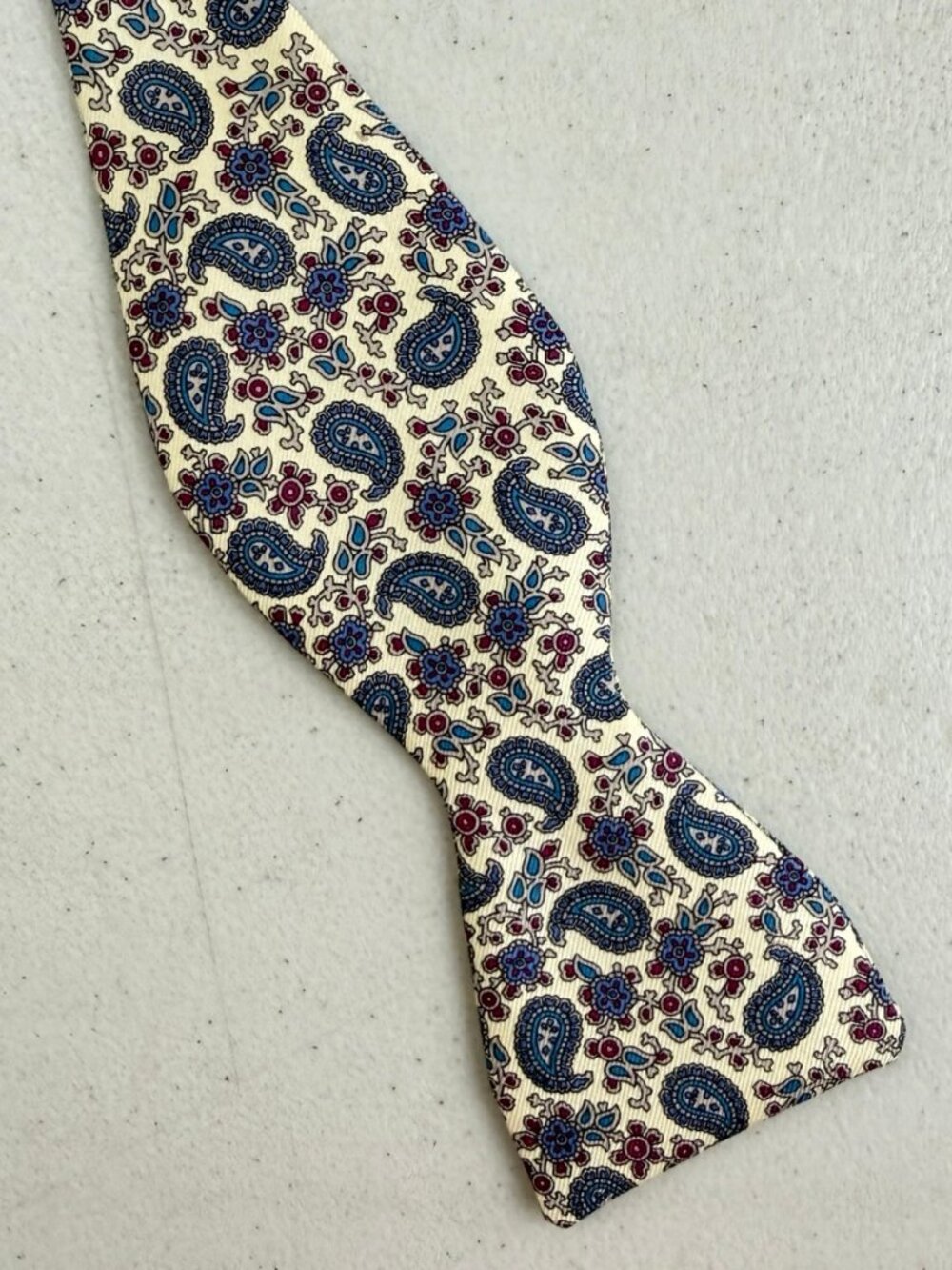 Vintage Silk Floral Paisley Print Bow Tie 70s Cream Preppy Adjustable Bowtie Co